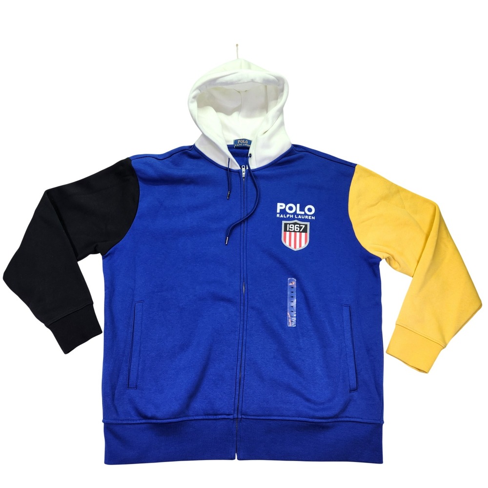 NWT Polo Ralph Lauren 1967 Mens 1XB Colorblock Full Zip‎ Hoodie Blue Yellow
